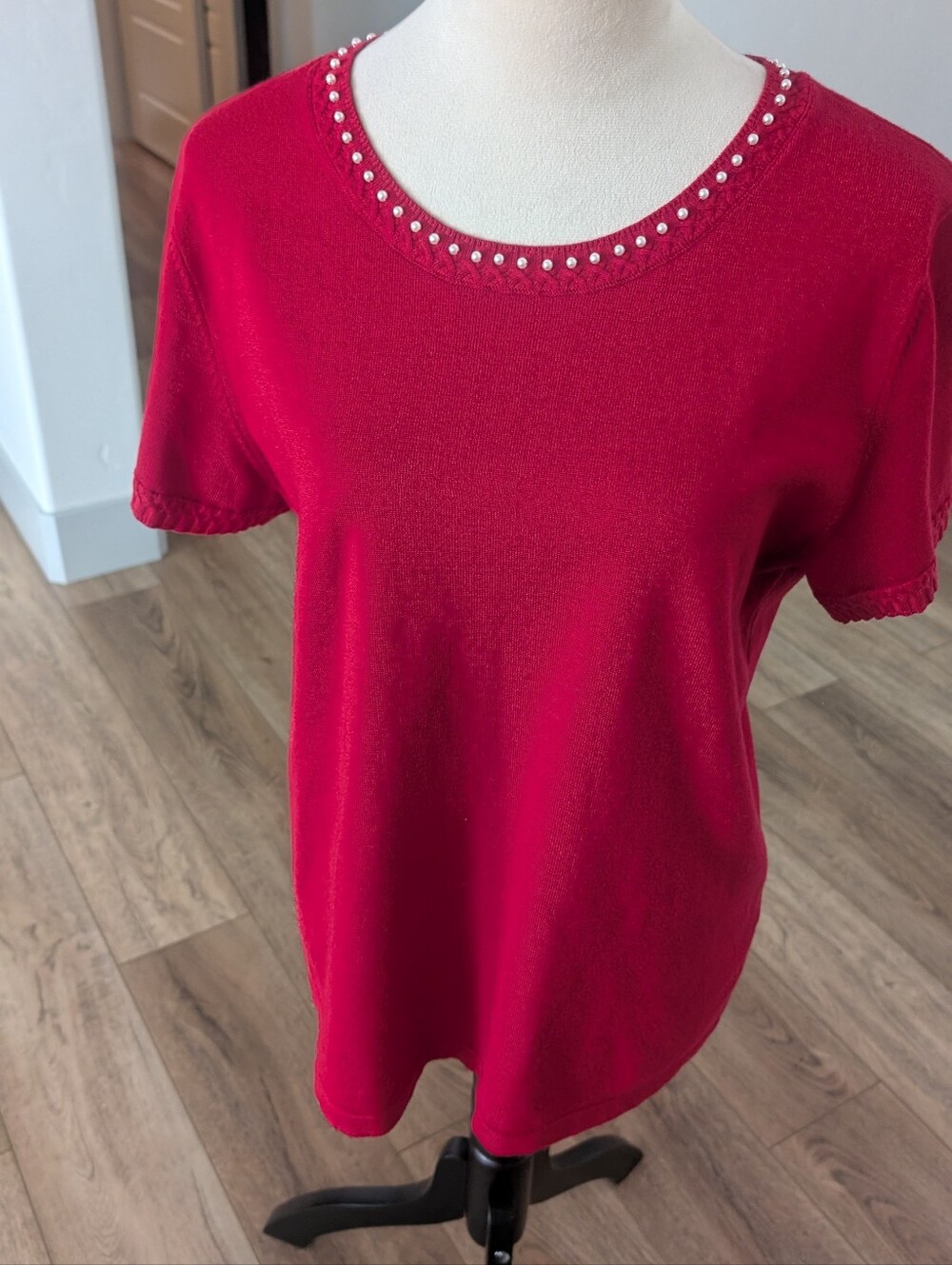 Karl Lagerfeld Red Short Sleeve Top with Pearl Trim